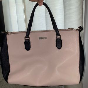 Taupe and black Kate Spade satchel, gently used, adjustable strap and handles